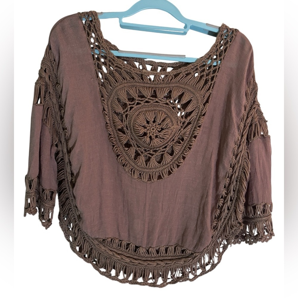 Indie Boho Rebellion Again Earth Toned Crochet Festival Blouse | Size S